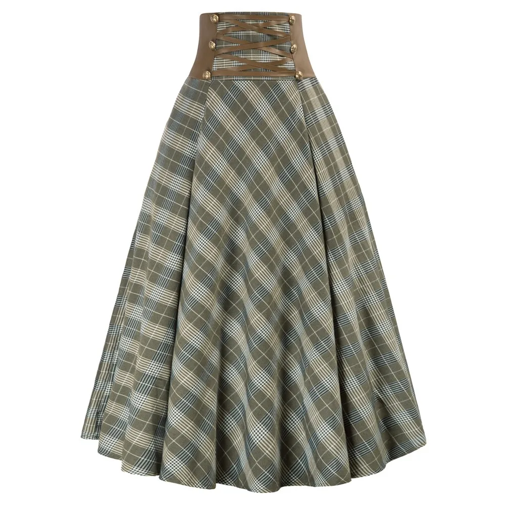 

Women Renaissance Plaided Skirt High Waist Buttons Decorated A-Line Skirt Fashion Youth Lady Casual Gothic Punk Midi Skirts New