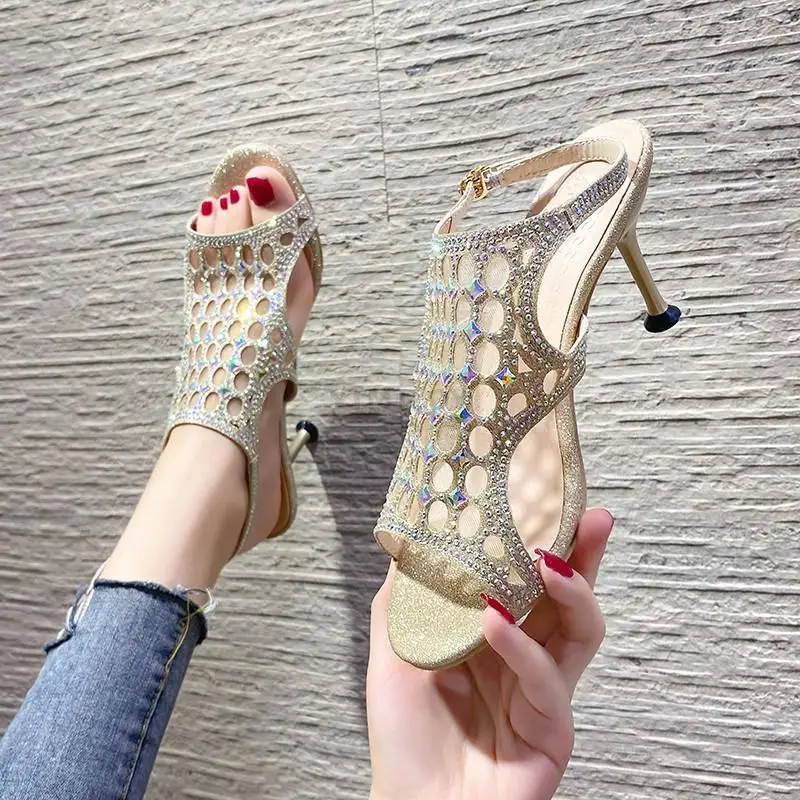 

Summer Fashion Hot Sale Europe Sexy Stilettos Hollow Rhinestone Ladies Sandals Ytmtloy Buckle Strap Thin Heels Sandalia Mujer
