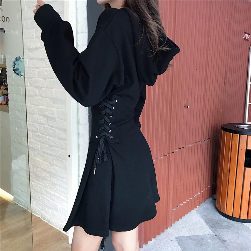 

Frhling Mit Kapuze Kleid Frauen Lace Up Taille Schlank Schwarz Gothic Kleid Weiblichen Kurzen Mini Harajuku Streetwear tidos