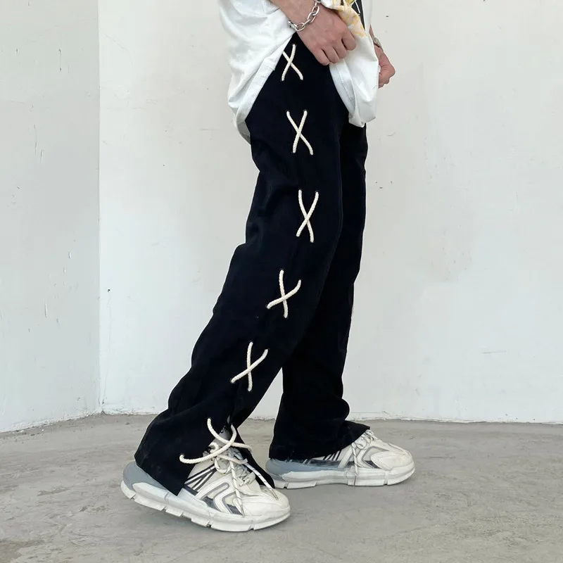 

2021 summer men's stitching loose, thin and leg-length casual pants, black wide-legged wild drawstring high street long pants