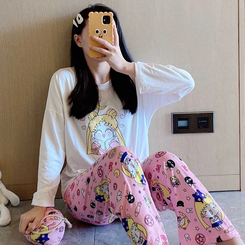 

Kawaii Sailor Moon Print Women's Pajamas Set Autumn Long-sleeve Pajamas Cute Pink Cartoon Female Homewear Loose Casual Sleepwear