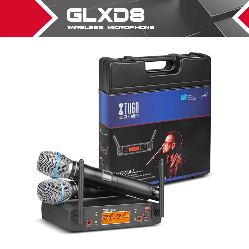 XTUGA портативный UHF микрофон система с чехол для переноски 2 металлические handhled MIC BOX Беспроводные для сцены церкви свадьбы GLXD8