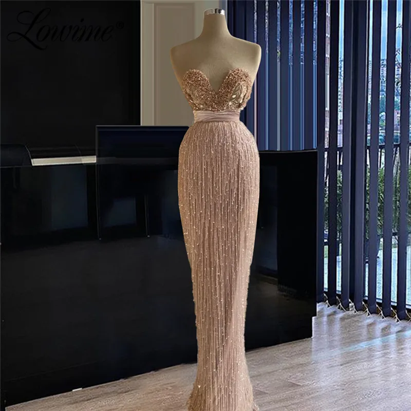 Pink Formal Dubai Evening Dresses Tassel Beading Celebrity Dresses 2021 Couture Arabic Dresses For Women Party Long Prom Dress