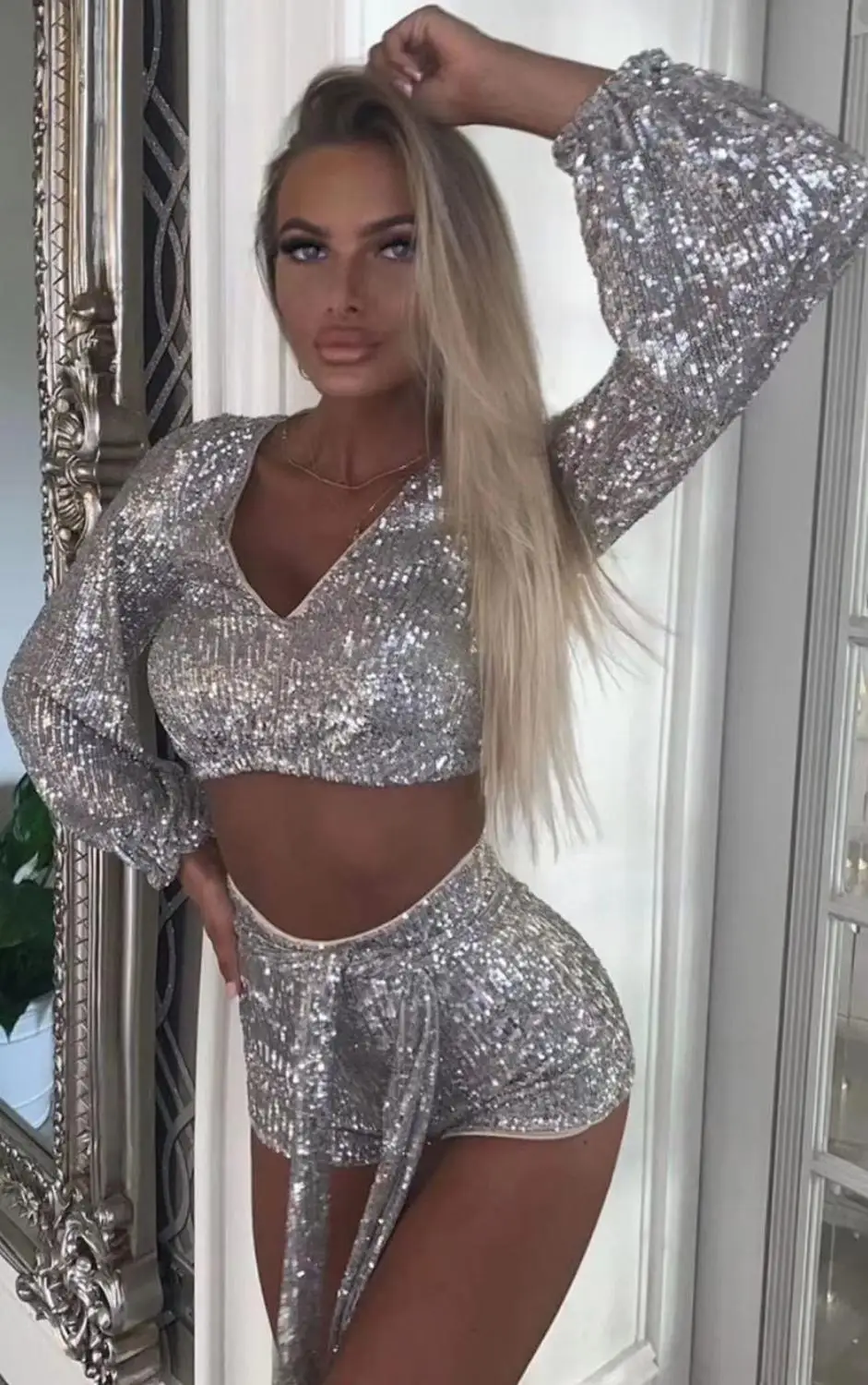 

New Arrival Long Seleeves V Neck Sequins Set Sexy Spring Summer Mini Suit Vintage Vestios