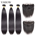 VSHOW камбоджийские прямые волосы пряди с фронтальной 13x4 закрытие шнурка предварительно выщипанные 100% Remy человеческие волосы ткет с фронтальной