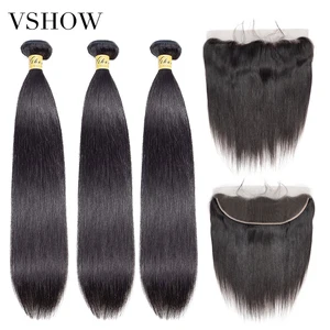 VSHOW камбоджийские прямые волосы пряди с фронтальной 13x4 закрытие шнурка предварительно выщипанные 100% Remy человеческие волосы ткет с фронтальной