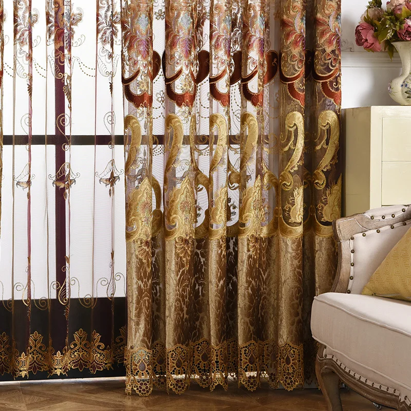 

Luxury Embroidery Geometry Hollow Out Curtains for Living Room Coffee/Brown Chenille Semi-Blackout Curtains for Hotel Villa*VT