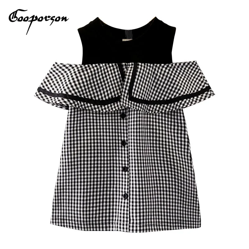 Платье для девочек с открытыми плечами черное летнее клетчатое Повседневное