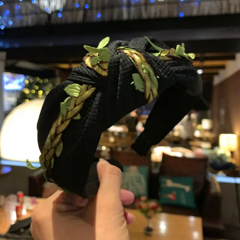 Корейские ленты для волос с зеленым листом украшенные узлом повязки женщин