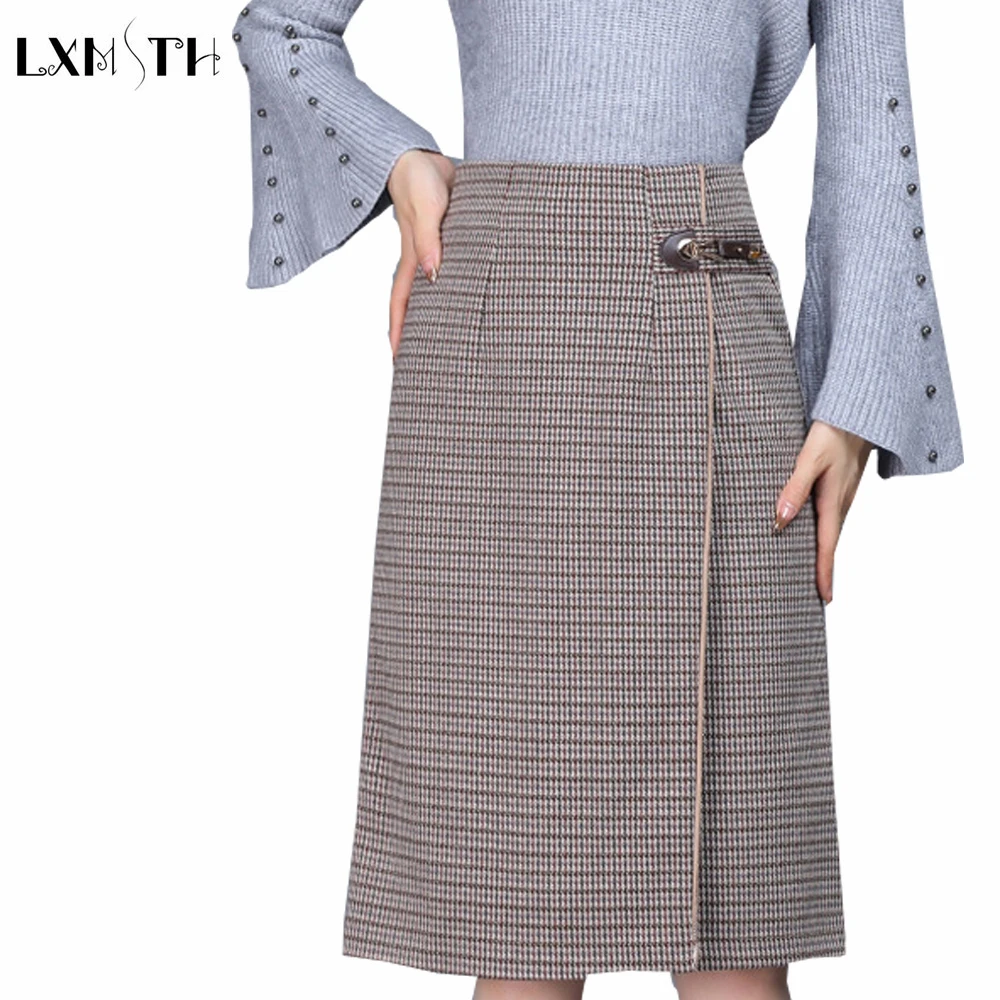 LXMSTH трапециевидная клетчатая юбка Женская осенне зимняя новая повседневная