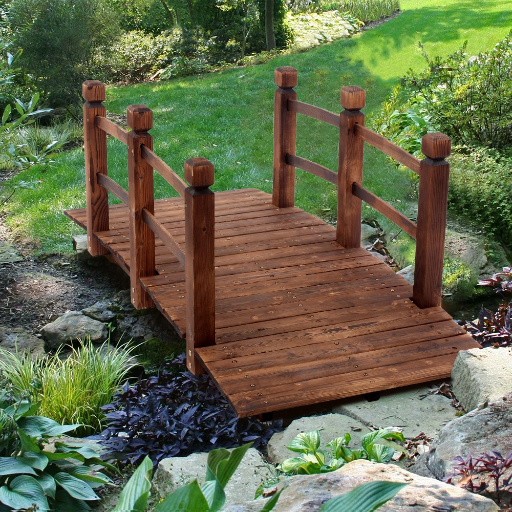 Puente de arco peque&ntilde;o, puente de madera para exteriores, patio, paisaje de madera anticorrosiva, 150x67x56CM, Color carbonizado [disponible en EE. UU.]-0