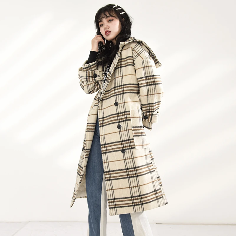 

LANMREM beige plaid vintage Korean style long double-breasted all-match warm thick new woolen coat for women fashion tide 2A1535