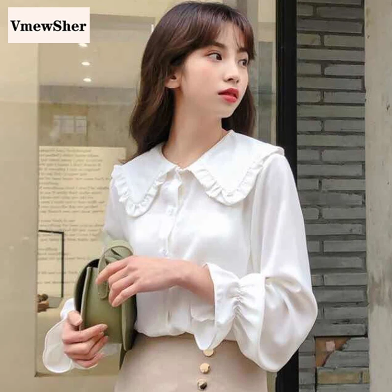 

VmewSher New Women Shirt White Plain Spring Summer Ruffle Peter Pan Collar Female Puff Long Sleeve Sweet Blouse Casual Solid Top