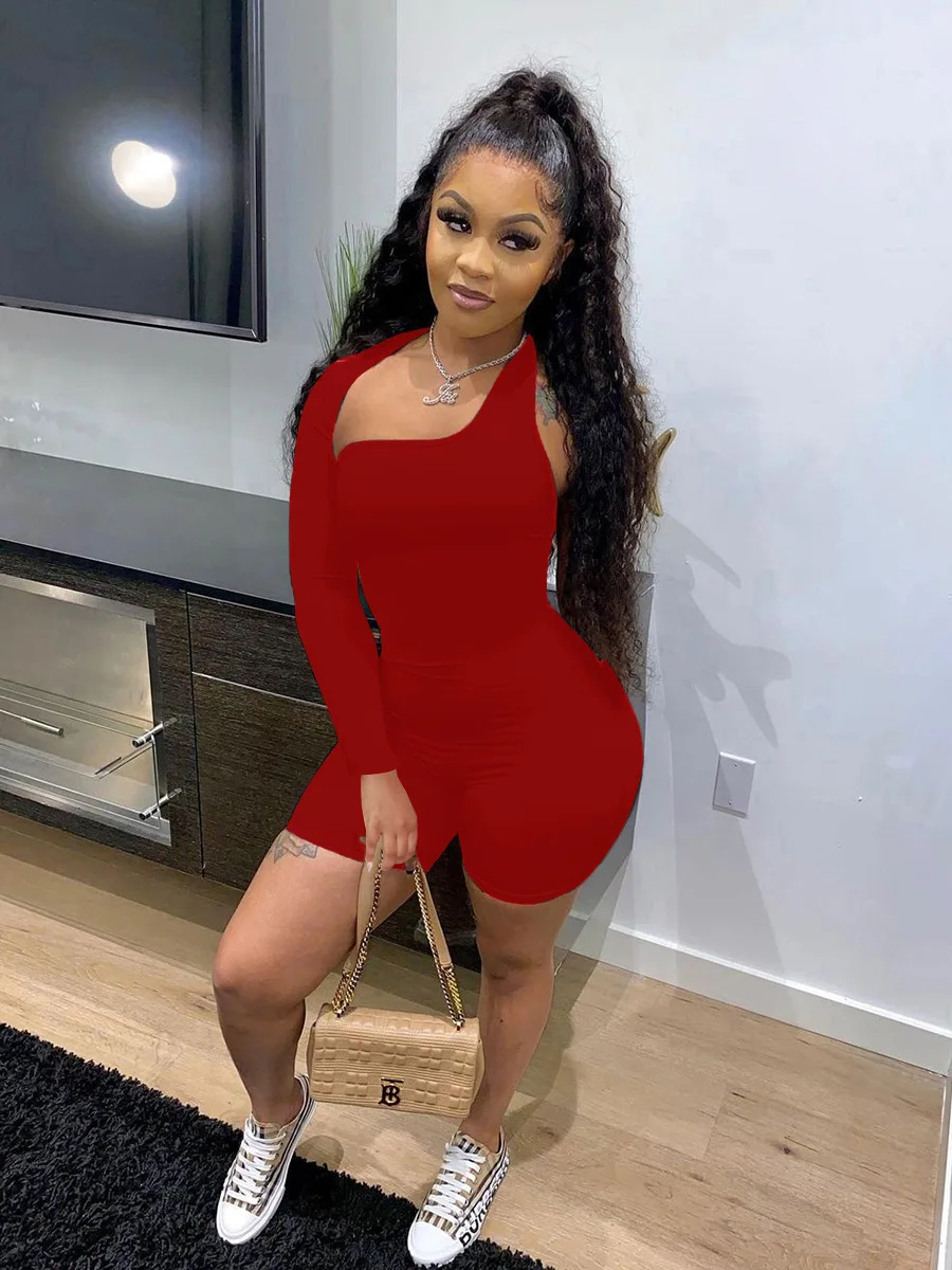 

2021 summer new sexy solid night club Jumpsuit fashion slim fit single sleeve women's shirt shorts