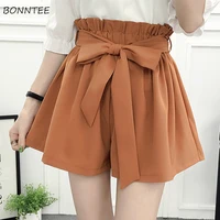 shorts women korean style casual chic simple high quality womens all match loose elastic waist solid sashes elegant clothing