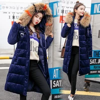 autumn and winter new womens cotton padded jacket medium long slim fit large wool collar thickened large size golden velvet