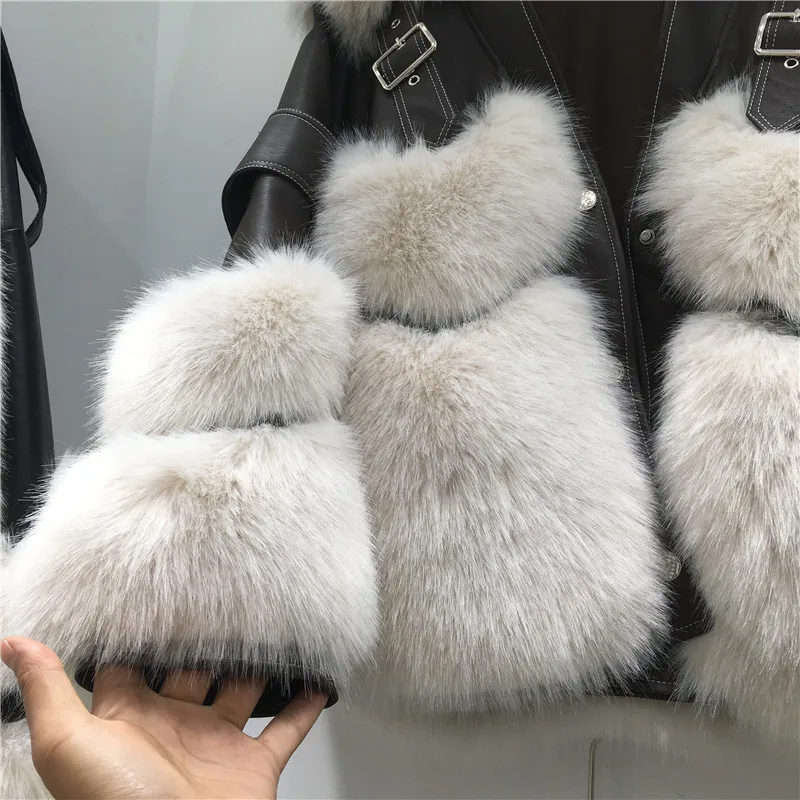 Winter Women Fox Fur Stitching Short Faux Leather Outwear Black/apricot/maroon V-neck Long Sleeve Motorcycle Jacket Streetwear enlarge