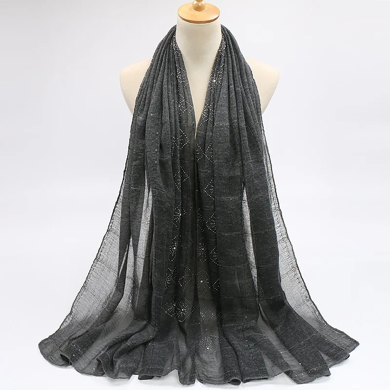 

2020 Luxury Fashion Black Sequin Plaid Viscose Shawl Scarf Plain Diamond Beads Wrap Pashmina Sjaal Muslim Hijab Snood 180*85Cm
