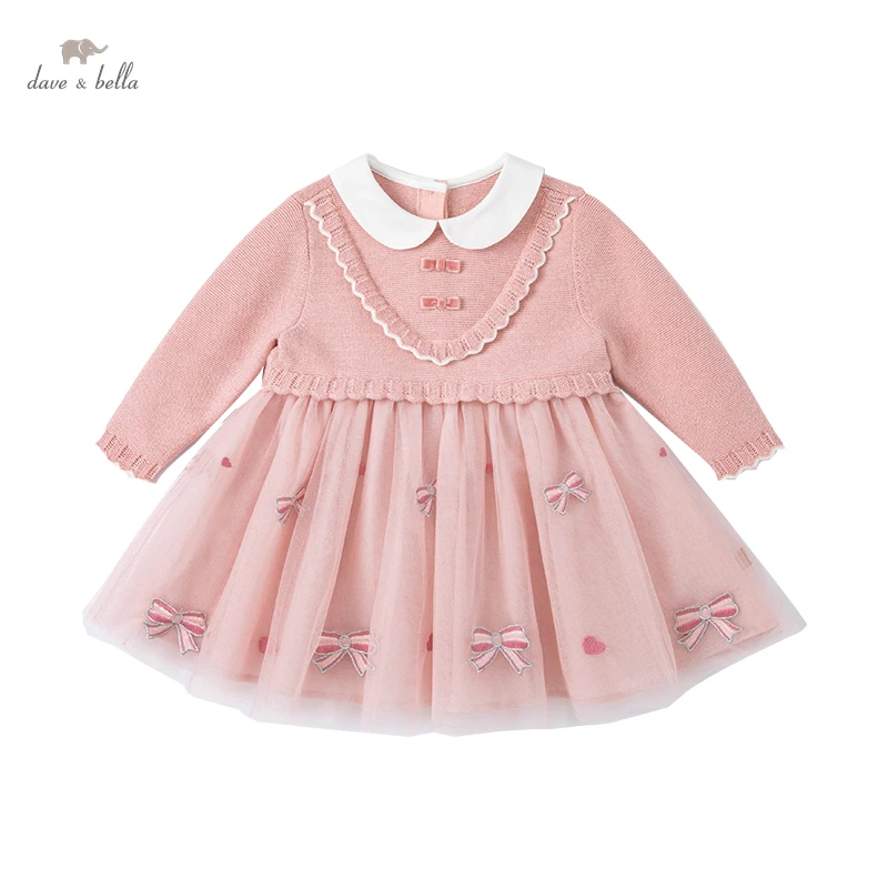 DB1220462 dave bella spring baby girls cute bow mesh sweater dress fashion party dress kids girl infant lolita clothes