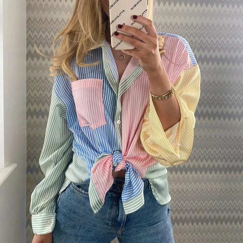 

ZXQJ Patchwork Women Loose Colorful Button Shirts 2021 Summer Fashion Ladies Boho Boyfriend Shirt Vintage Girls Chic Tops