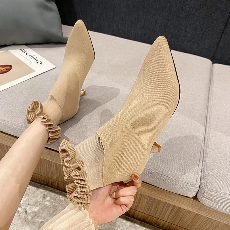 

2021 Winter Mesh High Heels Lady Boots Ankle Boots Fashion New Designer Slip-on Snow Party Pumps Shoes Pointed Toe Sexy Mujer