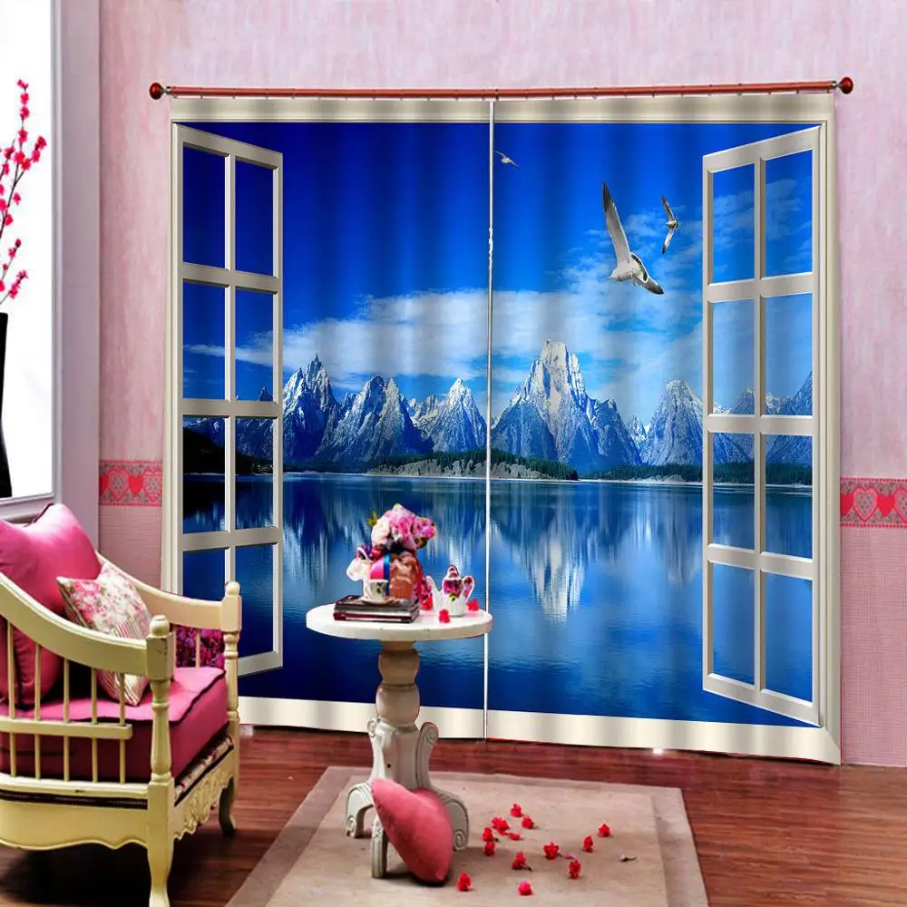 저렴한 어린이를 위한 창문 커튼, 블루 윈도우 디자인 커튼, 침실용, 모던한 빙산 호수 풍경 커튼, 블라인드