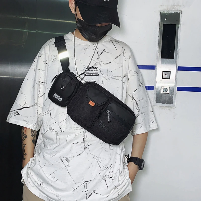

2pcs Waist Bags Men Unisex Rleflective Strip Belt Pack Waterproof Nylon Shoulder Bags Male Hip-hop Boys Chest Bag Anti-theft Bag