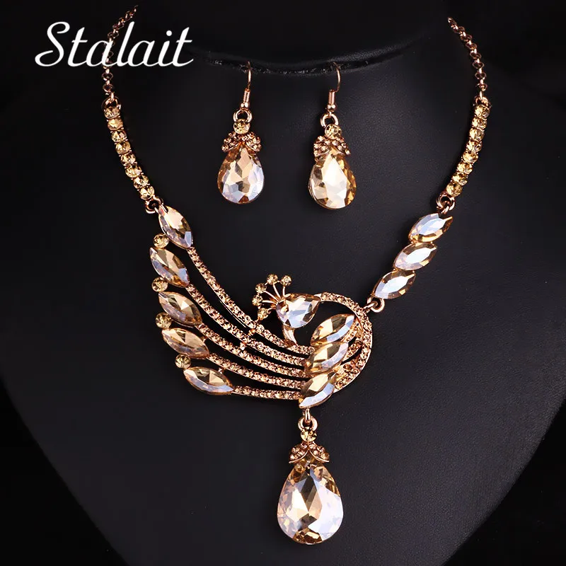 Свадебные капли воды Кристалл Павлин золотой цвет комплект ювелирных изделий