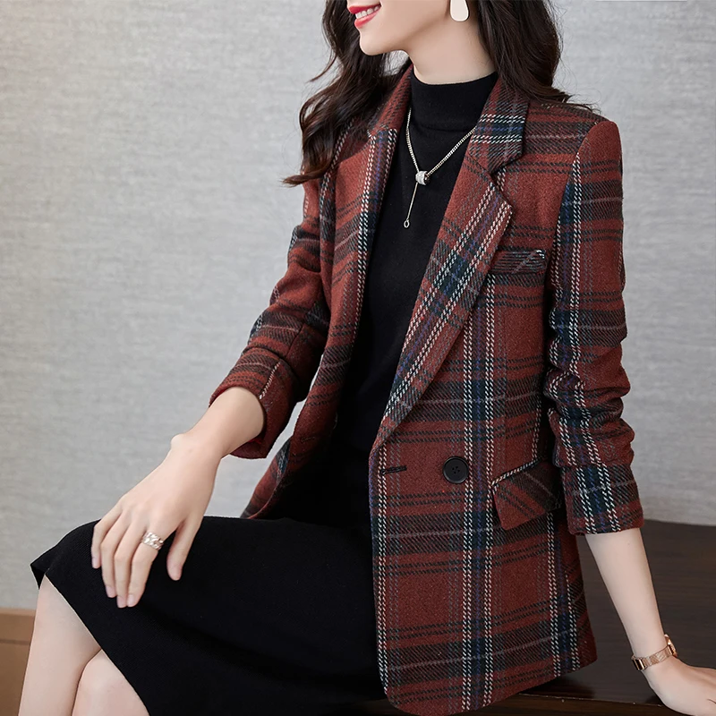 Women's jacket Fashion Pocket Elegant Red Plaid Coat OL Styles Autumn Winter Blazers for Women Business Work Blaser Outwear Tops