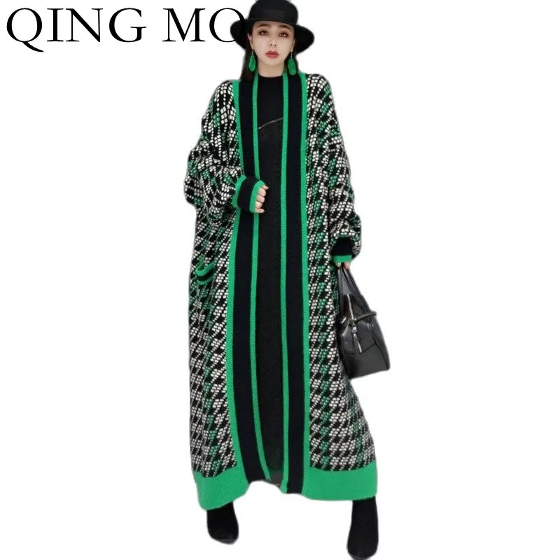 

Женский длинный вязаный кардиган QING MO, ветровка контрастных цветов, большие размеры, ZWL1363, осень 2021