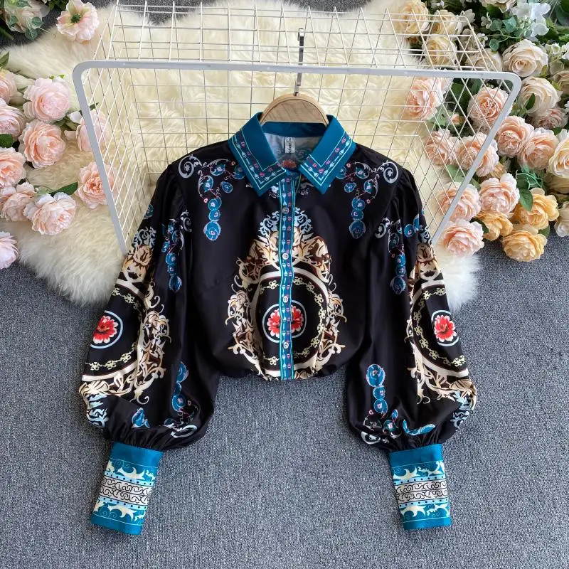 

2021 Office Lady Long Sleeve Blouses New Women Simply Golden Print Single Breasted Shirts Roupas Chic Chemise Palace Style Tops