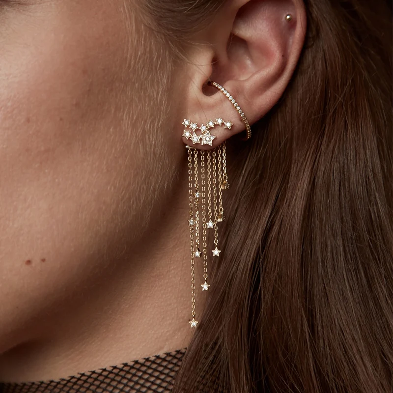 Женские серьги с длинными кисточками золотистые/Серебристые кристаллами для