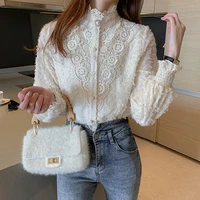 women blouses 2021 fashion long sleeve blouse lace stand collar shirt beaded lantern sleeve womens tops elegant button up shirts