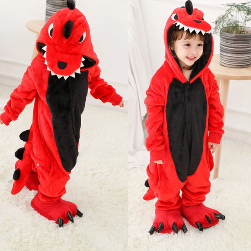 Red Dinosaur Зимний детский пижамный комплект с единорогом и капюшоном; пижамы с единорогом; Детские пижамы для мальчиков и девочек; одежда для сна; комбинезоны - Цвет: Red Dinosaur
