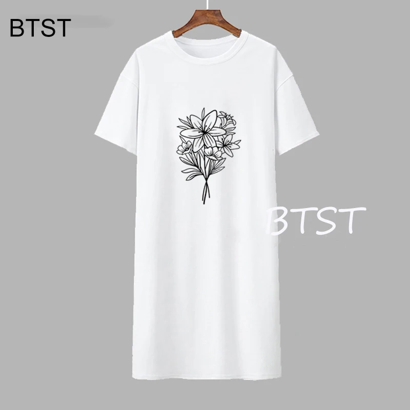 

Beautiful Bouquet of Flowers print woman dress short sleeve o-neck casual soft lady white summer mini dresses