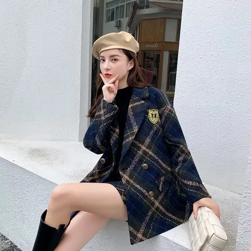 Осенняя мода костюмы из двух предметов плотное клетчатое твидовое Женское