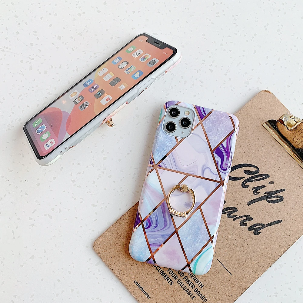 Geometric Splice Marble Finger Ring Phone Case For iPhone 11 Pro Max XR XS 7 8 6 Plus Soft IMD Plated Line Cover | Мобильные