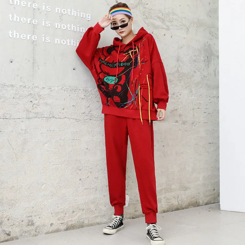 

Max LuLu European 2021 Street Style Suits Women Black Two Pieces Sets Ladies Printed Loose Tracksuits Fitness Hoodies And Pants