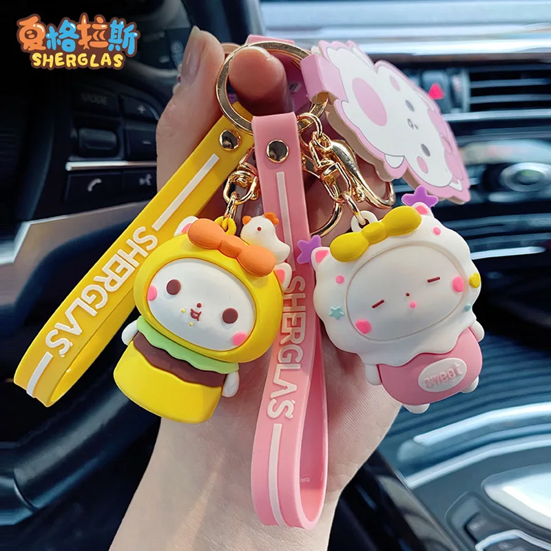 

Comic XIAGELASI Keychain Cartoon Cat Rice Cake Dessert Series Backpack Bag Car Key Accessories Pendant Decoration Keyring Gift