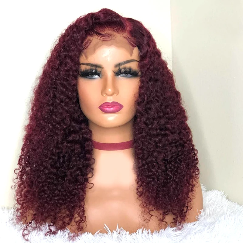 

Middle Part 26inch Long Burgundy Kinky Curly Synthetic Lace Front Wig For Black Women With Baby Hair 180%Density 99j Preplucked