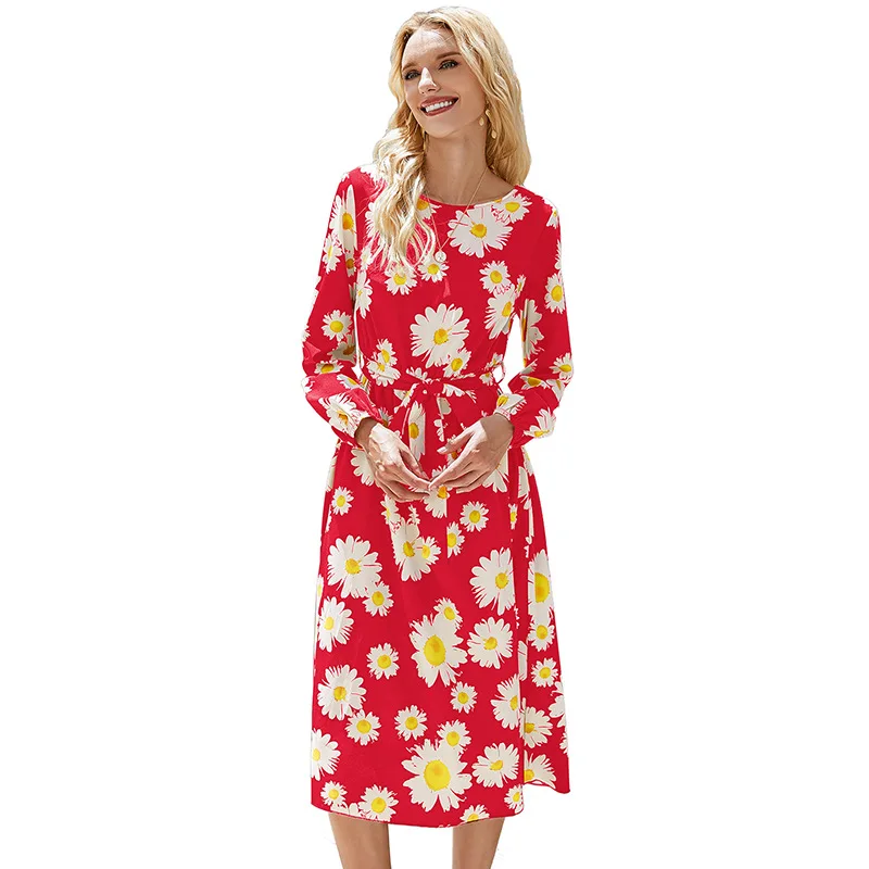 

Autumn / winter 2020 new women's dress women's long sleeve daisy print dress women's bandage high waist dress Vestidos