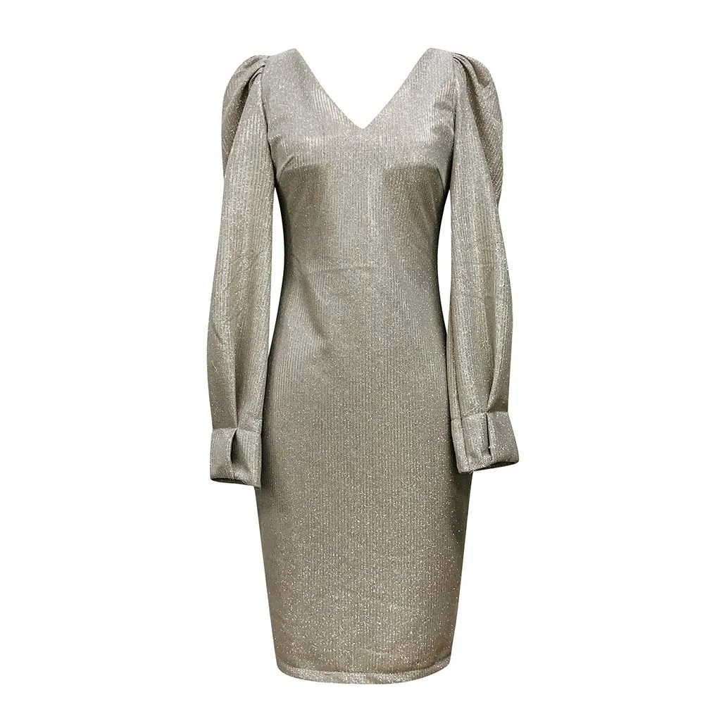 Женское Новое Сверкающее платье с блестками женское тонкое рукавами фонариками