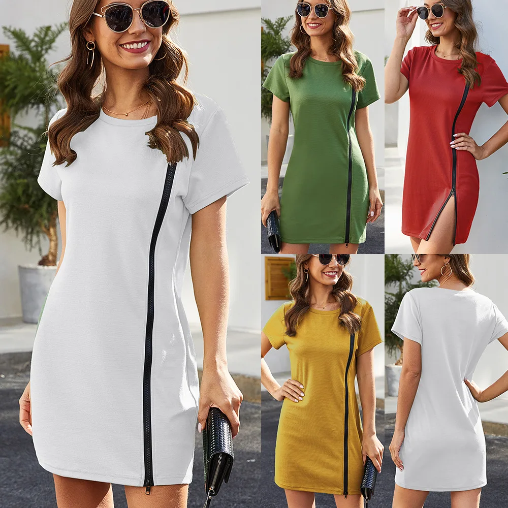 

Women Short Sleeve Dress O Neck Solid Dress Irregular Zipper Long Beach Dress