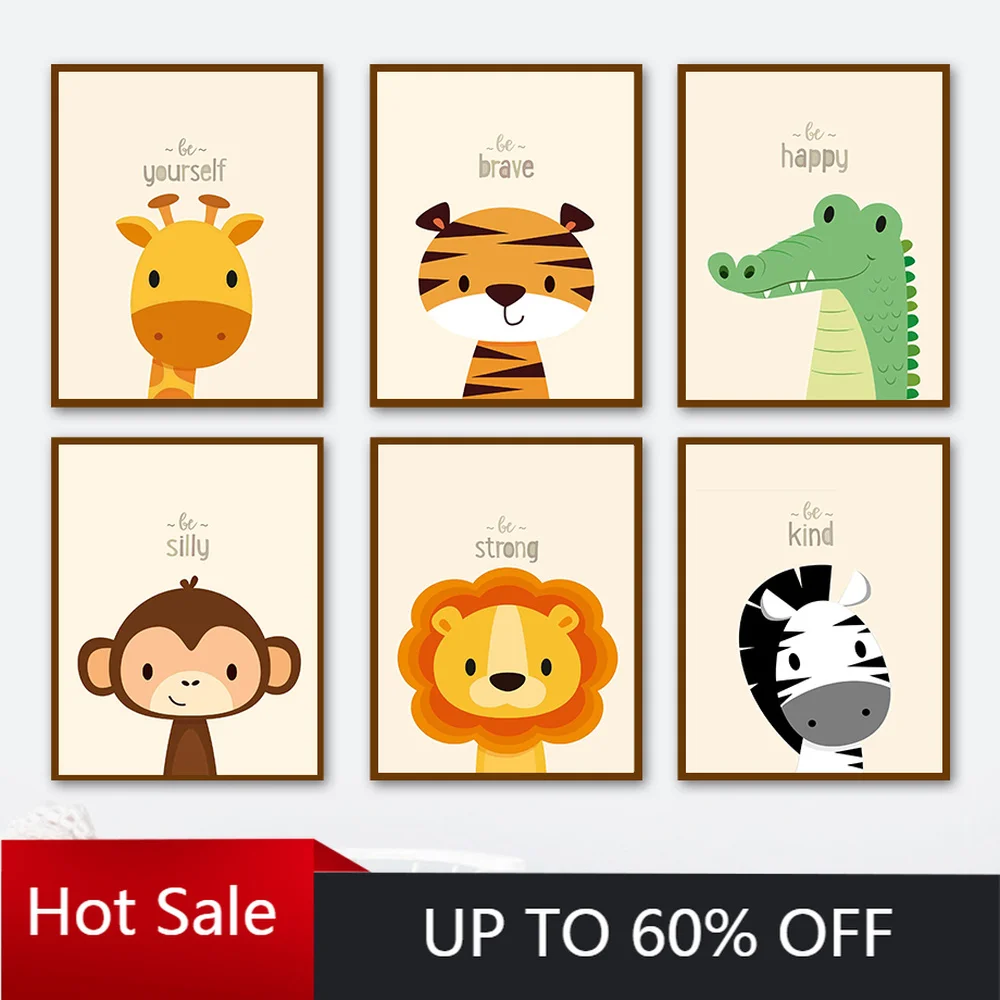 

Self-adhesive Canvas Painting Wall Sticker Cartoon Giraffe Zebra Lion Tiger Monkey Animal Nordic Posters Kids Room Decoration