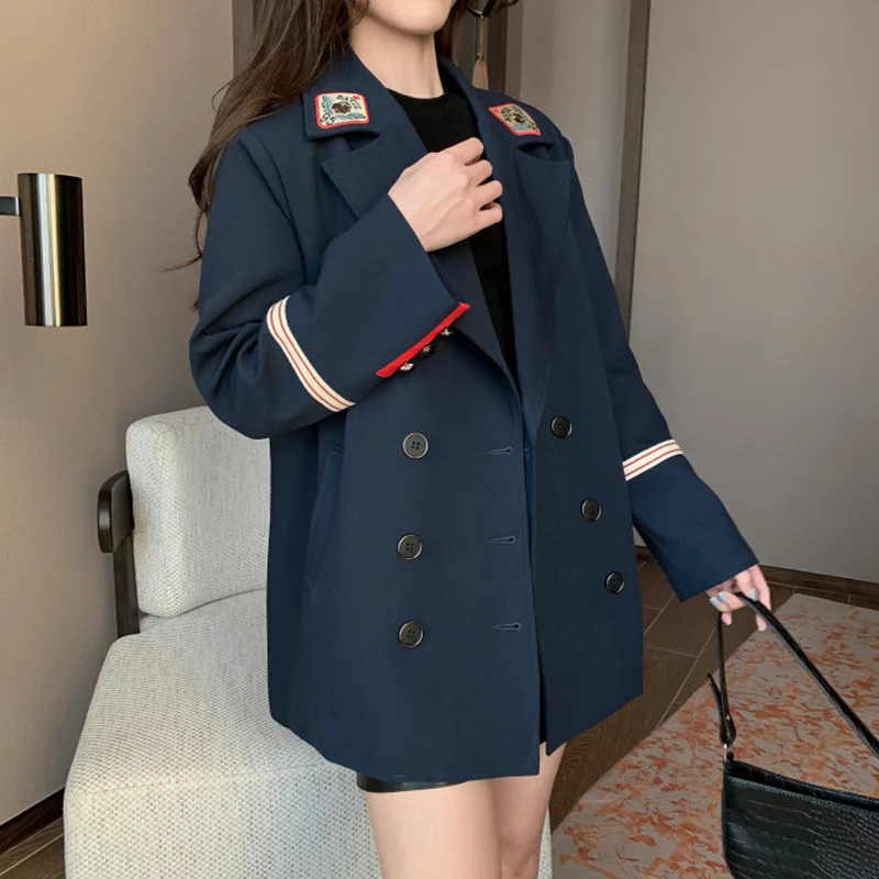 

Women Suit Jacket 2021Spring Autumn New Korean Style Loose Long-Sleeved Embroidery Double-Breasted Patch Casual Fashion Suit XZ2