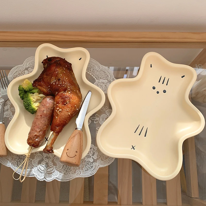 

Чашки-тарелки с мультяшным медведем, симпатичные керамические обеденные блюда, корейский фарфоровый медведь, десерт, плоская суповая миска...