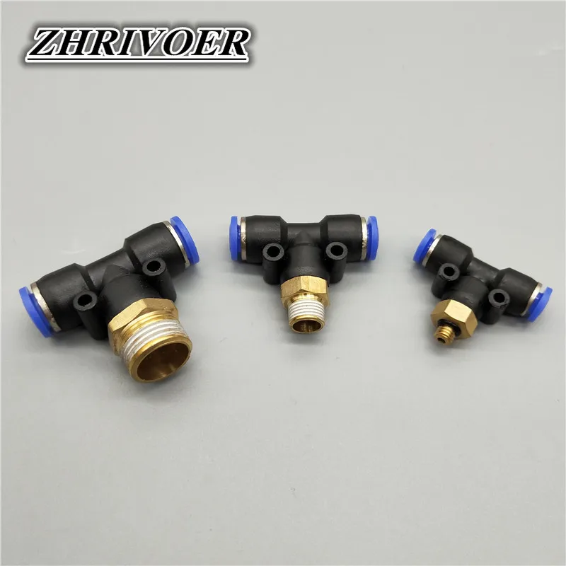 

PB Air Connector Fitting T Shape Tee 4mm 6mm 8mm 10mm 12mm Hose Pipe 1/8" 1/4" M5 3/8" 1/2" BSPT Male Thread Pneumatic Coupler