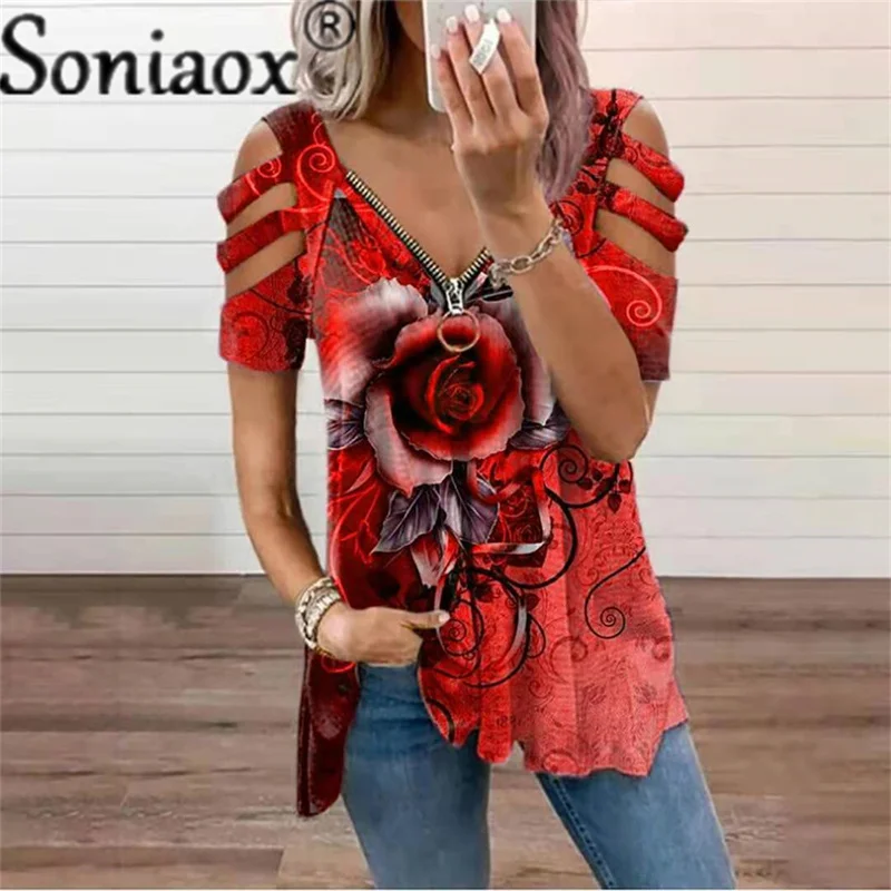 

2021 Summer Loose Casual Rose Printed Women's Shirt Short-Sleeved V-Neck Fashion Zipper Hollow Out T-Shirt Tops Plus Size Mujer