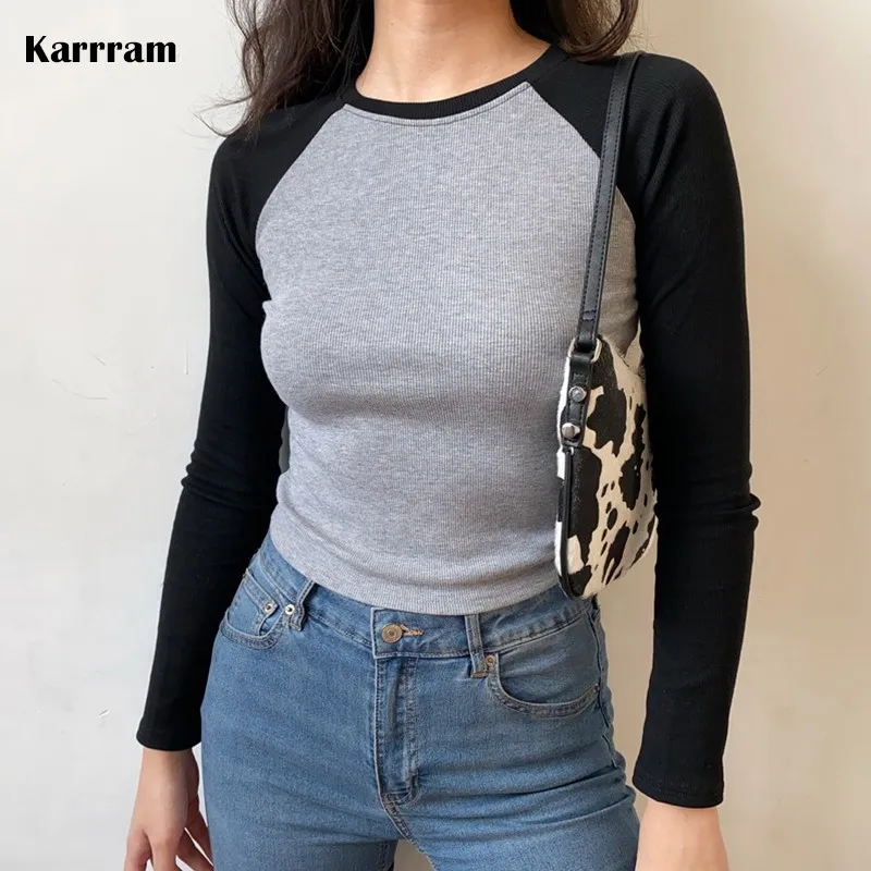 

Karrram Vintage Patchwork Ribbed Long Sleeve T Shirt Women Color Contrast Sexy Slim Crop Top Korean Japanese Knitted Tee Shirt