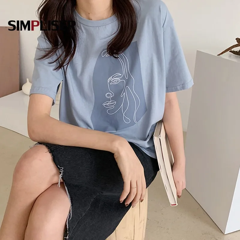 Свободные хлопковые футболки для женщин летние Графические белого и синего